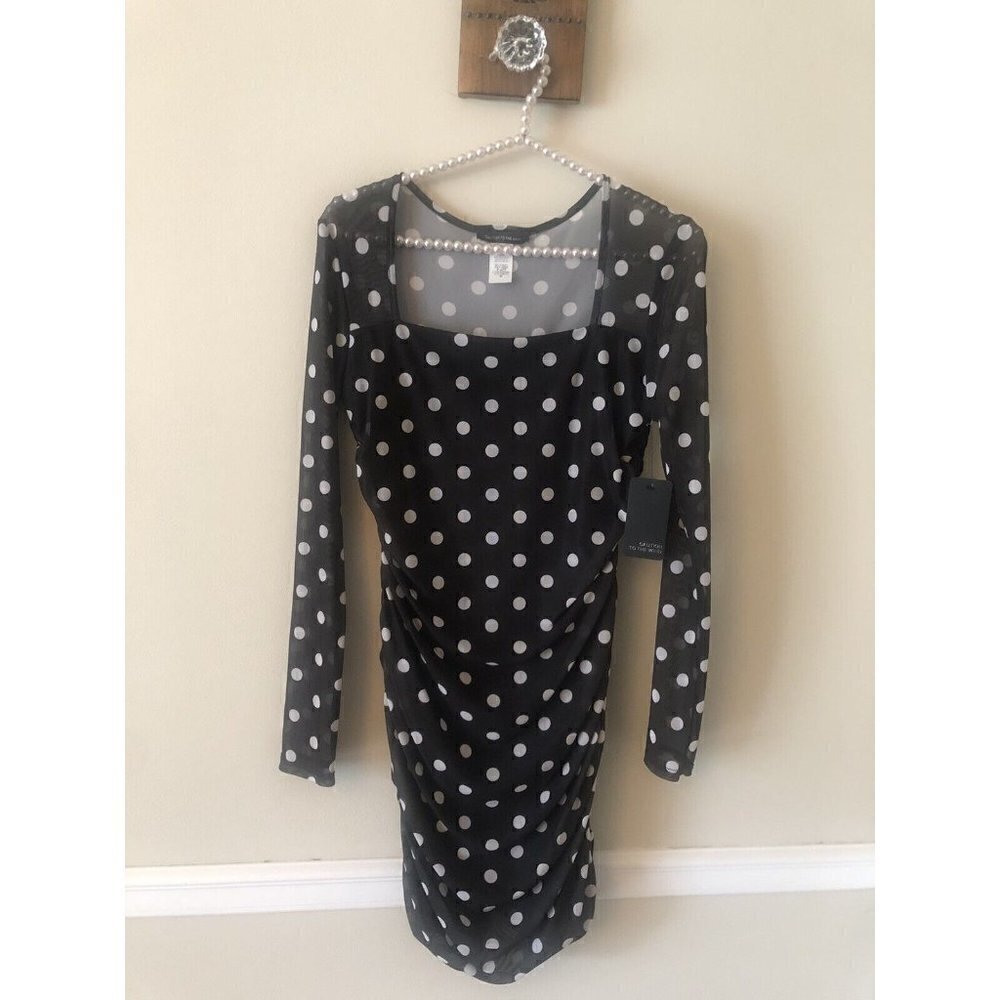 NWT Caution to the Wind Size M Black White Polka Dot Mesh Ruched Dress Bodycon